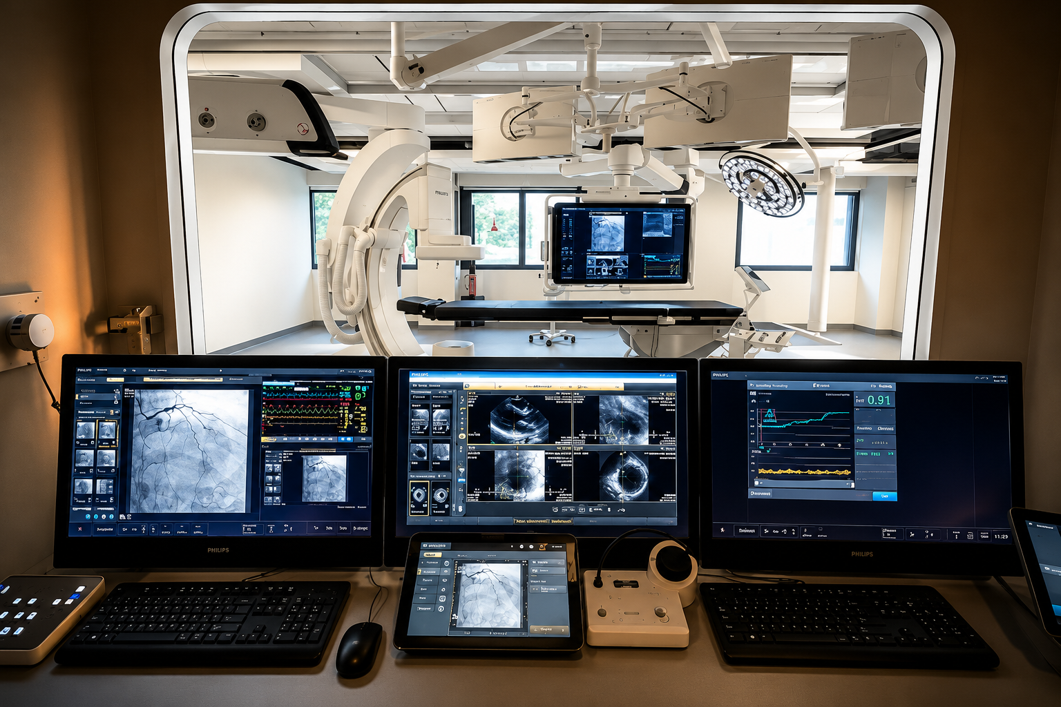 Medical imaging control room with OEM diagnostic workstations, hospital imaging equipment, and cath lab monitoring systems representing professional field service, preventive maintenance, corrective maintenance, and technical support.