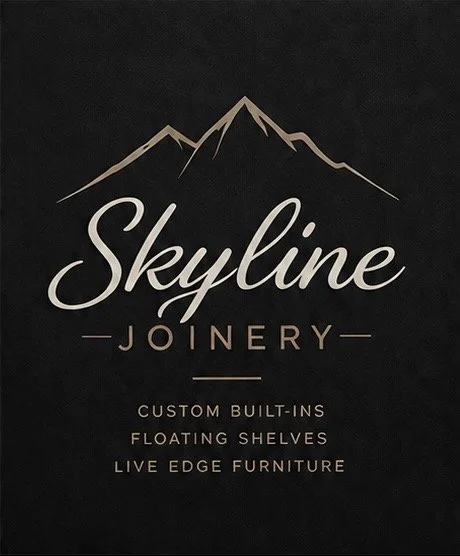 A logo for Skyline Joinery featuring mountain peaks above the company name, with text highlighting custom built-ins, floating shelves, and live edge furniture.
