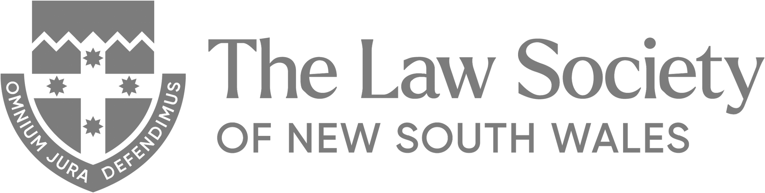 Logo of the Law Society of New South Wales with a shield and a banner reading 'Wirral Jura Defendimus'