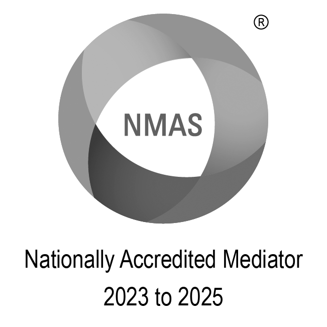 NMAS in the center, "Nationally Accredited Mediator 2023 to 2025"