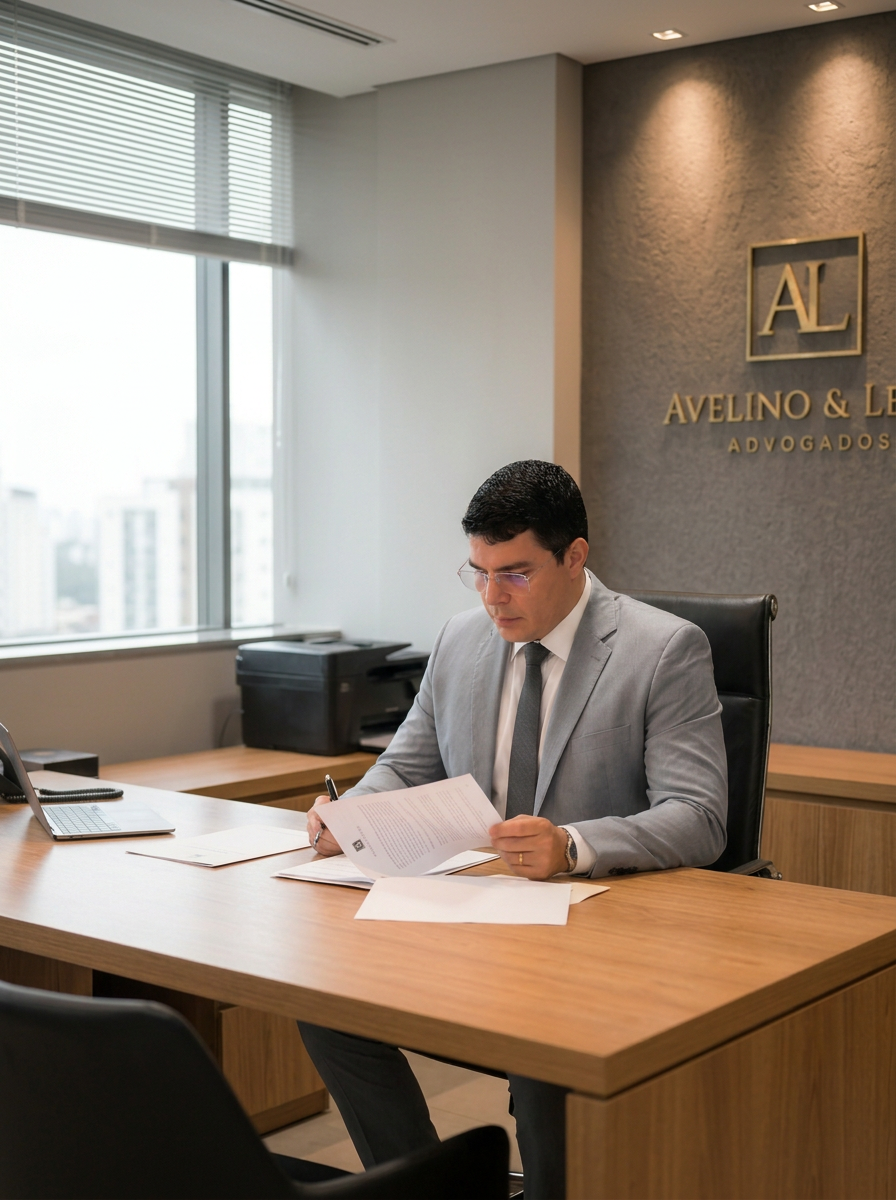 Homem de terno cinza sentado na mesa de escritório lendo um documento, escritório com janela grande e logo de advocacia na parede.