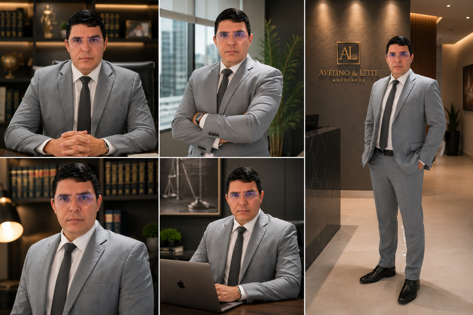 Homem de terno cinza em diferentes ambientes de escritório, incluindo recepção e sala de reuniões, com fundo de livros, escada de equilíbrio e logo de escritório.
