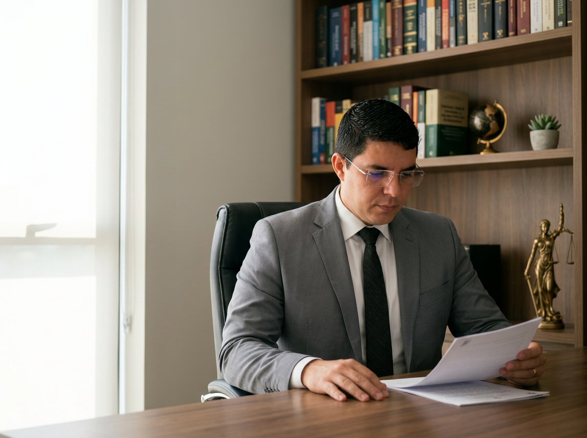 Homem de terno cinza, camisa branca e gravata preta, sentado à mesa, lendo documentos em um escritório. Ao fundo, uma estante de livros e objetos decorativos.