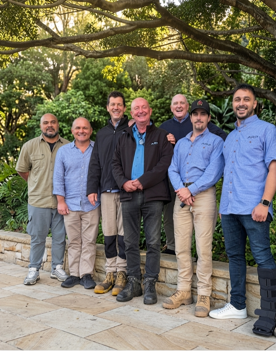 A group of nine men standing outdoors on a paved surface, smiling, with green trees and foliage in the background and sunlight filtering through the branches.