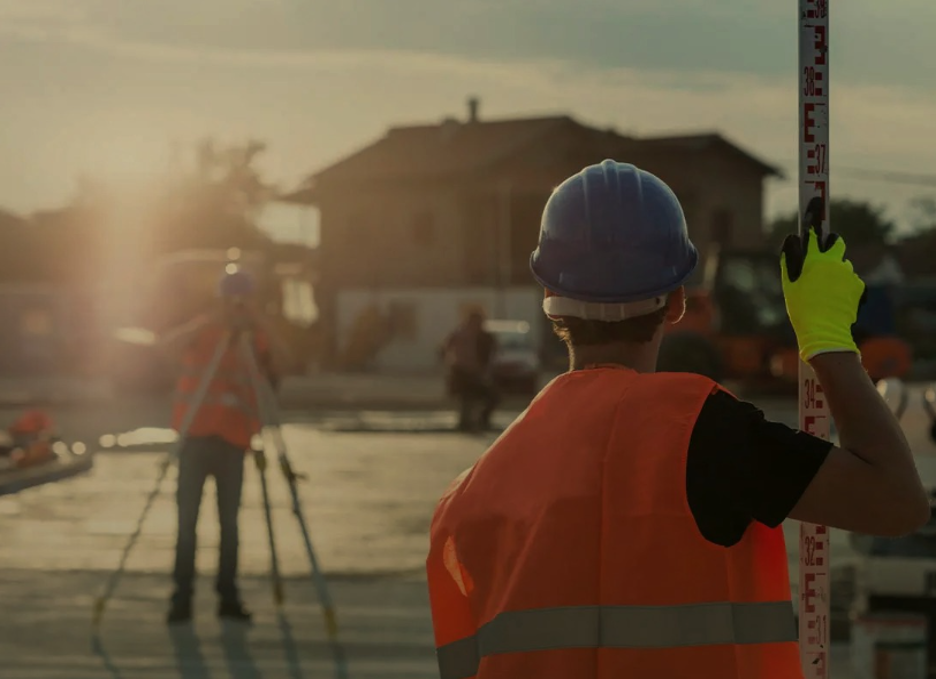 Construction worker in an orange safety vest and helmet standing on a construction site at sunset, holding a measuring rod, with another worker and a building in the background.