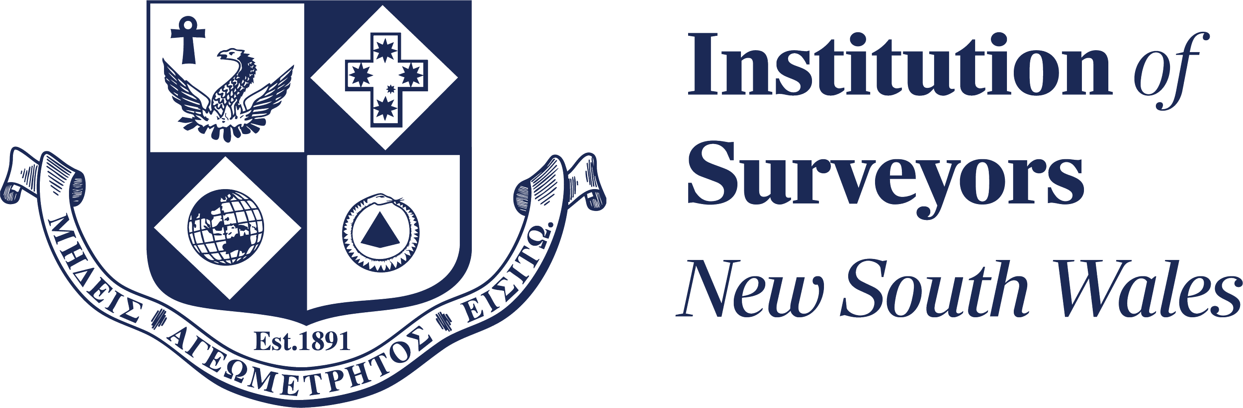Logo of the Institution of Surveyors, New South Wales, featuring a crest with symbols including an anchor, a flying bird, a globe, a triangle, and a cross, with the text 'Est. 1891' and a banner reading 'VIRTUTE ET MÉTTHODE'.
