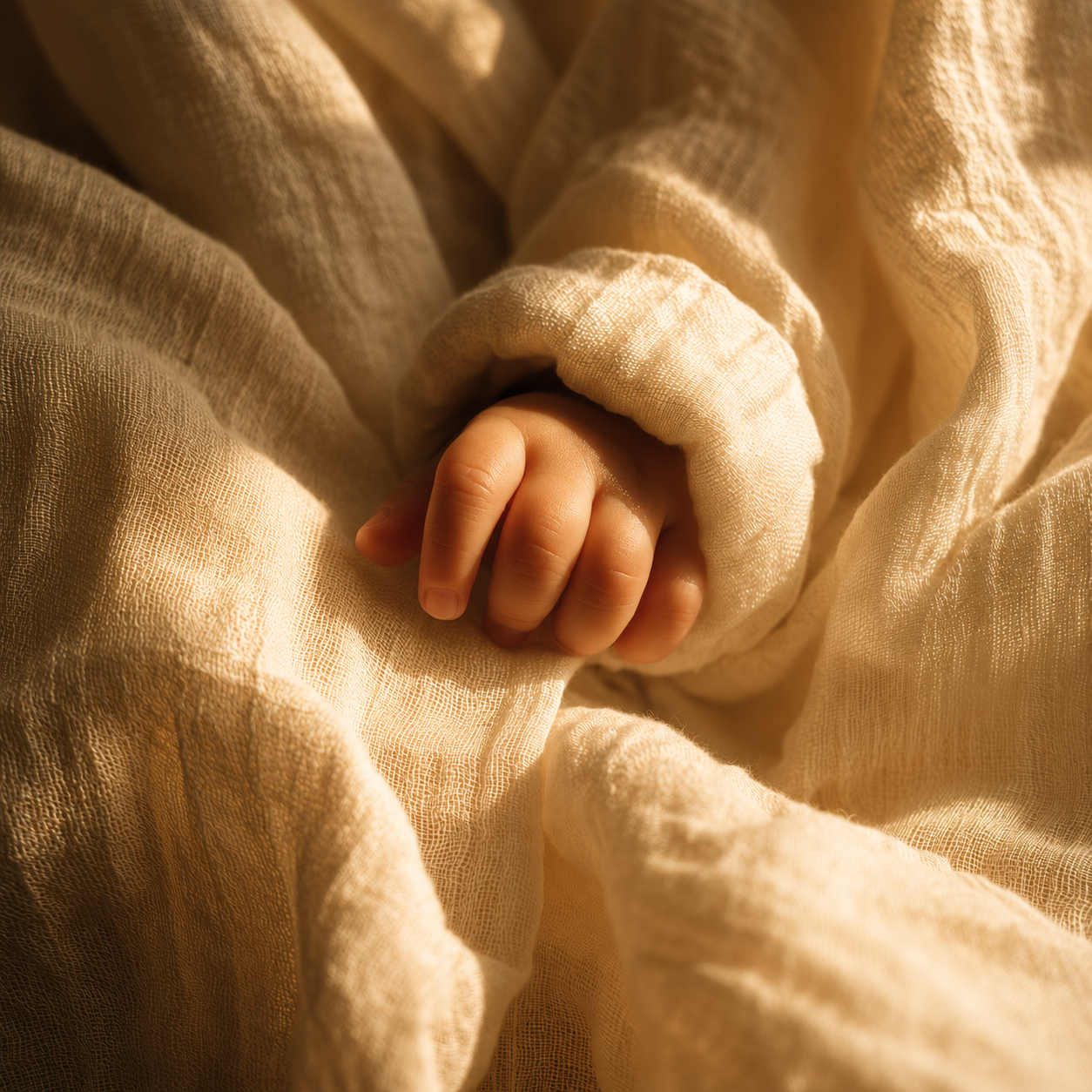Close-up of a baby's hand gripping cream-colored, textured fabric.