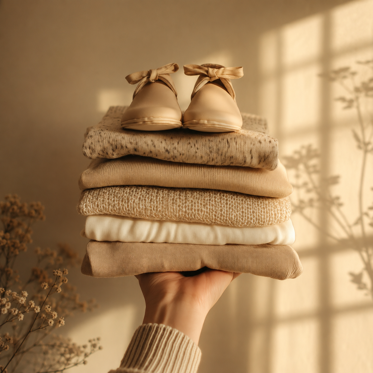 A hand holding a stack of neatly folded beige and neutral-colored clothes with beige ballet flats with ribbons on top. The background shows sunlight through curtains and dried flowers.