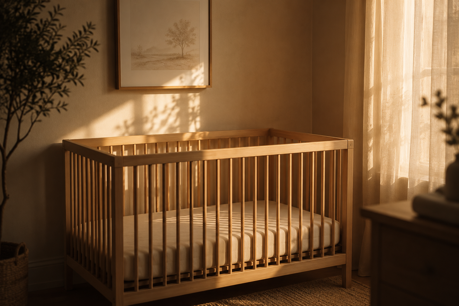 A wooden crib in a softly lit room with beige walls and curtains, a framed artwork of a tree on the wall, and a potted plant to the left.