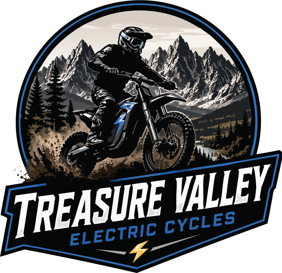 A person riding an electric mountain bike in a rugged outdoor terrain with mountains and trees in the background, logo for 'Treasure Valley Electric Cycles' with a lightning bolt symbol.