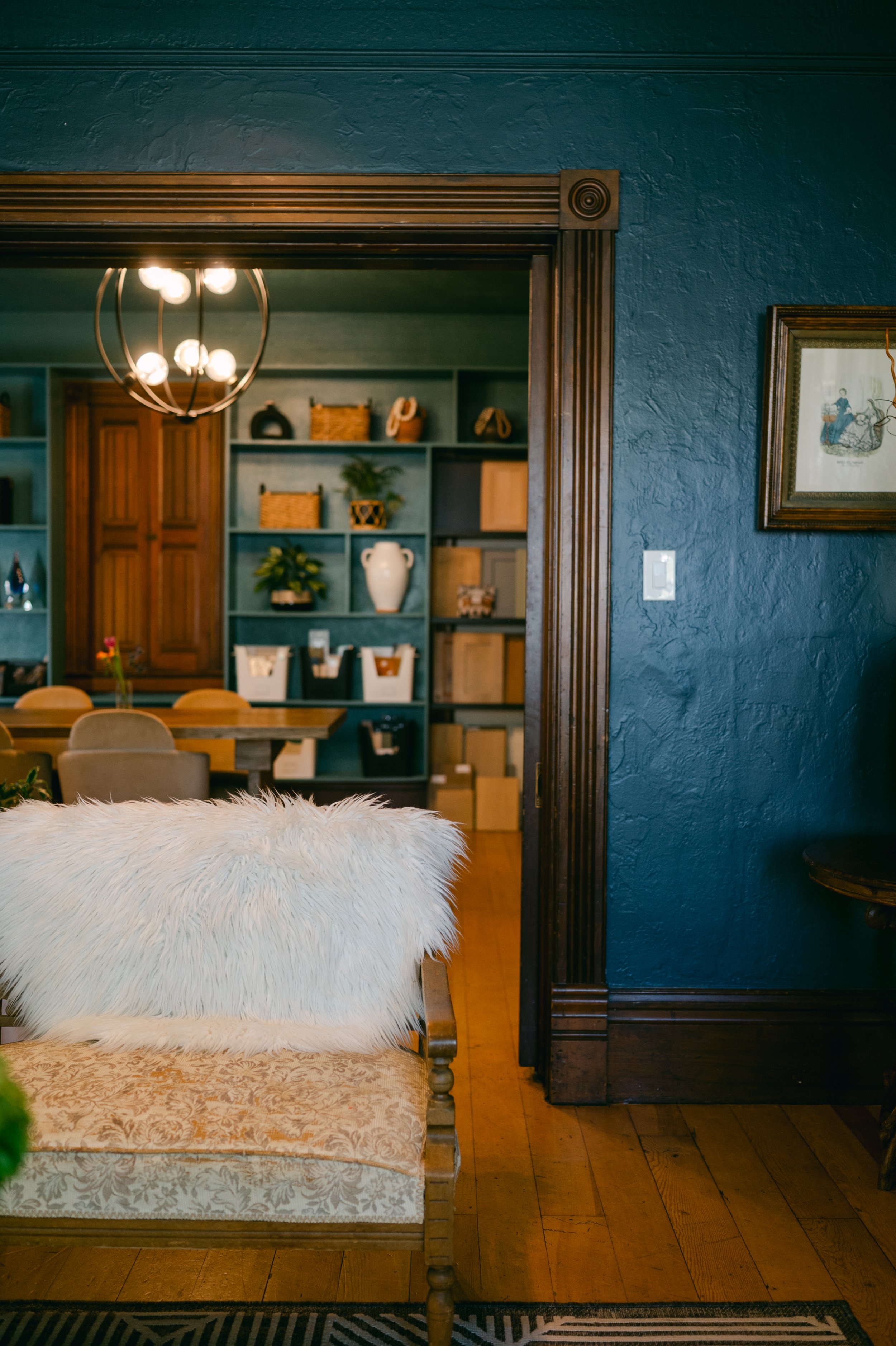 The sitting room at Flow's, with doors open into the office space.