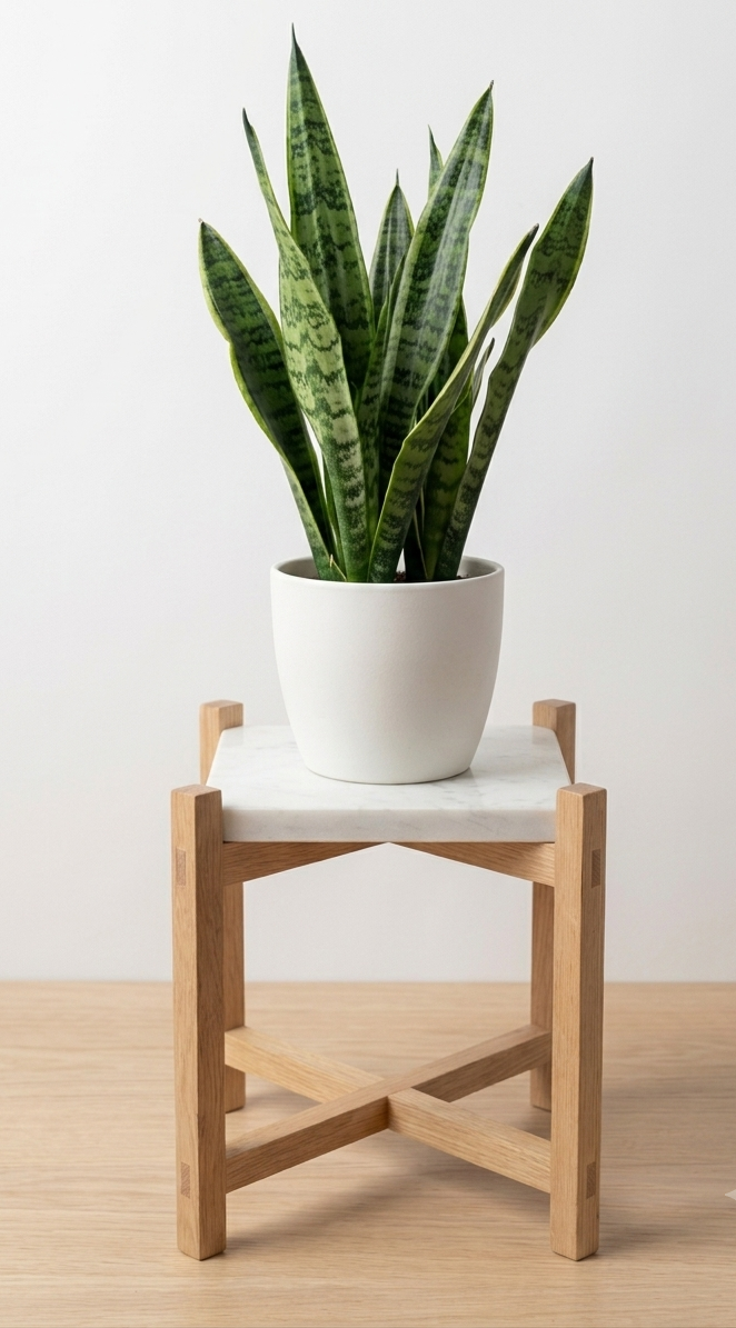 Oak plant stand with snake plant
