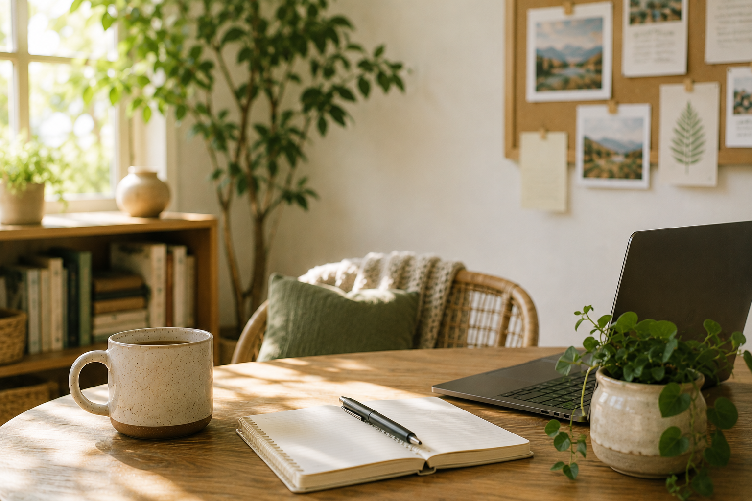 A cozy workspace with a wooden table holding a coffee mug, an open notebook with a pen, a laptop, and a potted plant. The background features a bookshelf, a chair with cushions, and a window with sunlight streaming in.