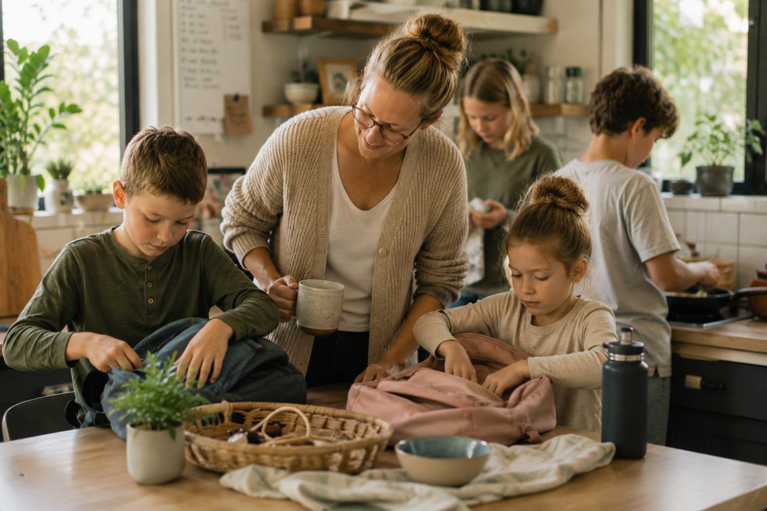 A woman with glasses and a bun, holding a mug, watches children packing backpacks in a bright kitchen with plants on the windowsill.
