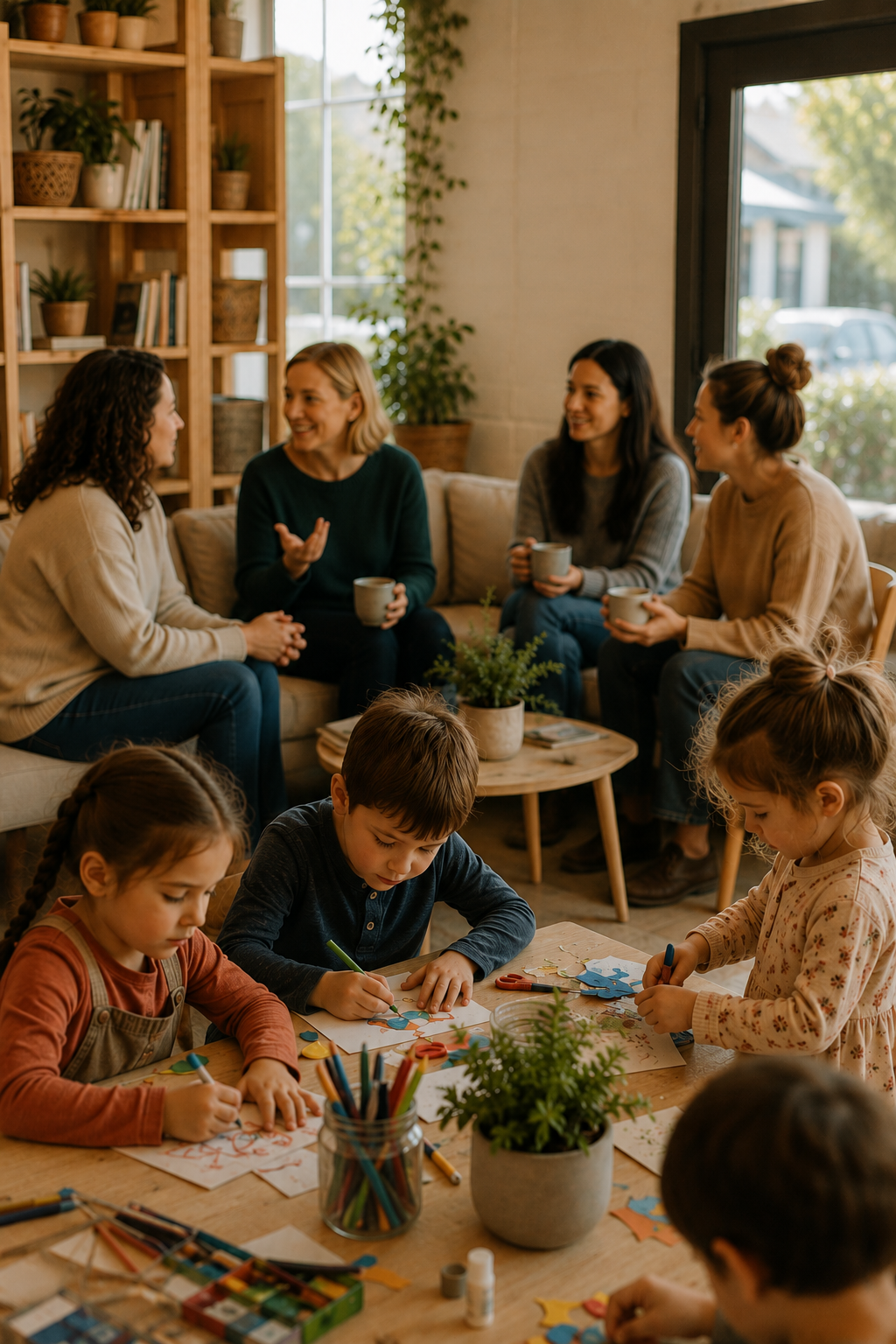 Children and adults engaging in arts and crafts in a cozy, well-lit room with bookshelves and large windows.