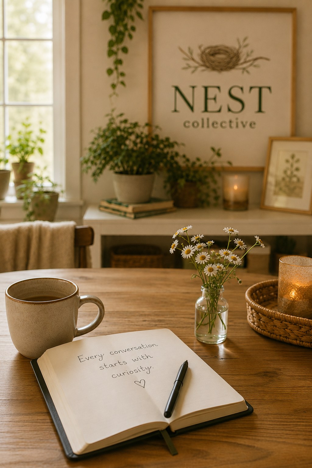 A cozy interior scene with a wooden table holding a mug of coffee, a notebook with handwritten text 'Every conversation starts with curiosity.' and a heart drawing, a small bouquet of daisies in a glass jar, and a woven candle holder. In the background, there are potted plants and a framed picture with a nest illustration and the words 'NEST collective' on the wall.
