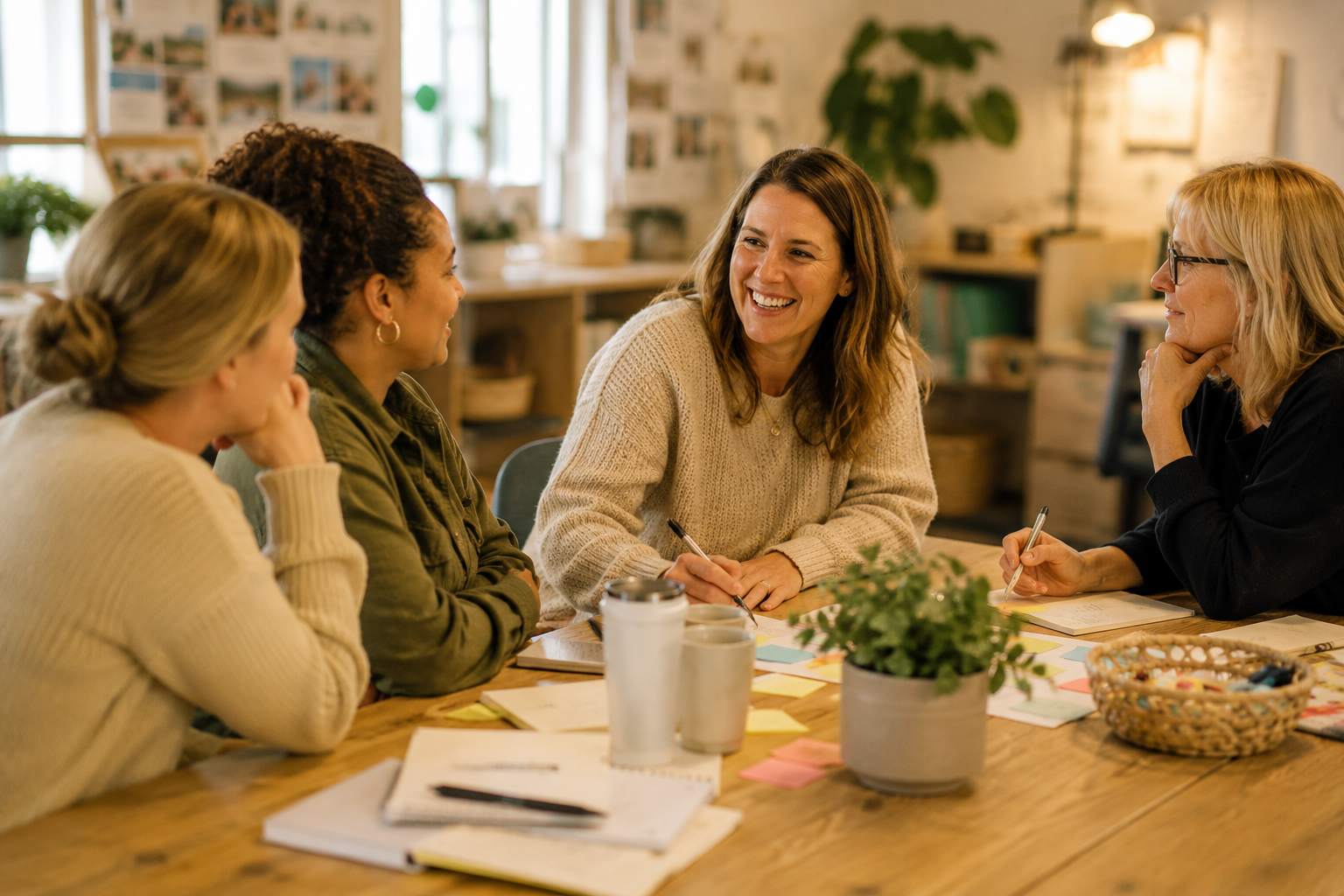 A group of five women sitting around a table engaged in a discussion, smiling and taking notes, in an office or co-working space with plants and posters in the background.