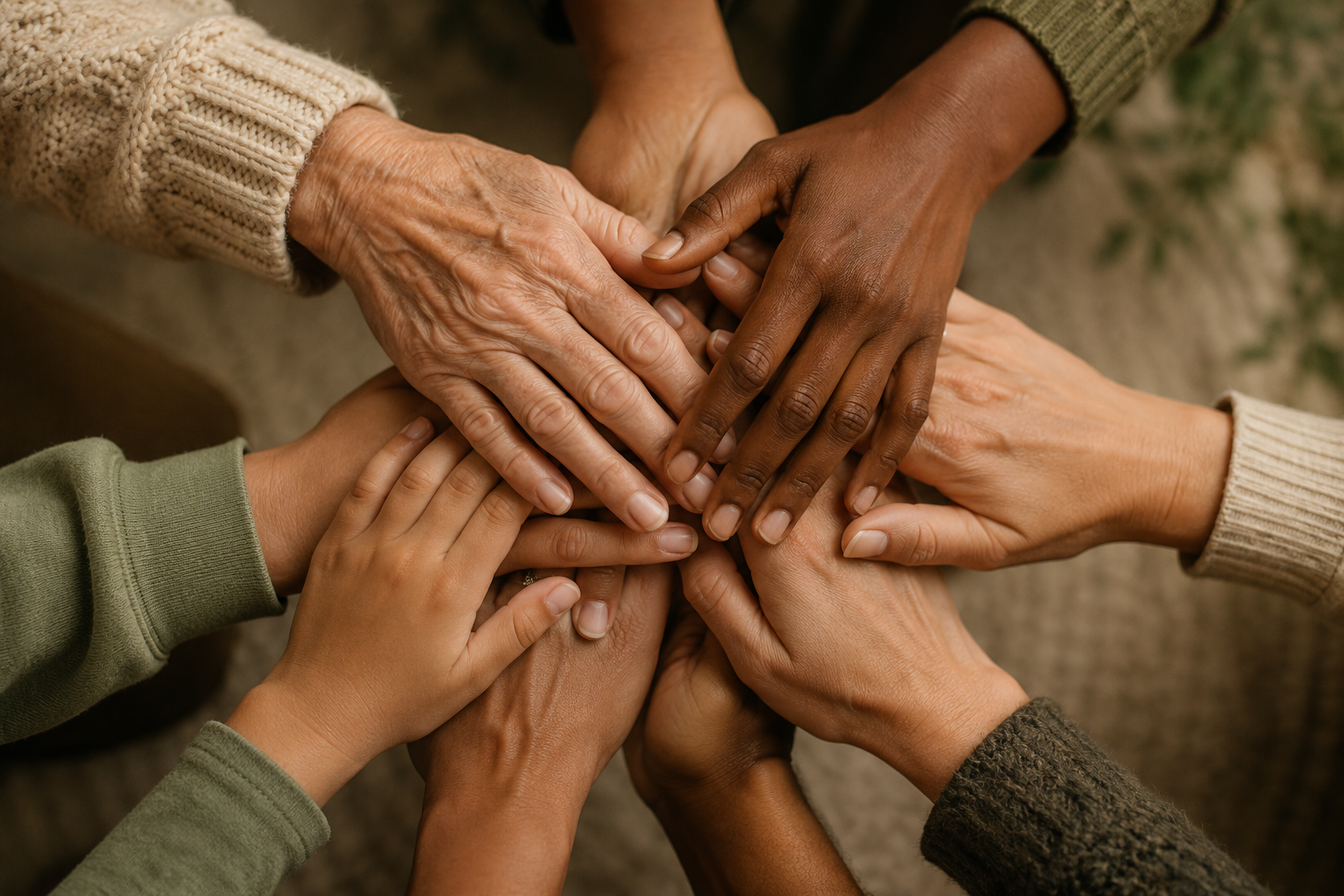 Multiple hands of different skin tones stacked together in a symbol of unity and support, viewed from above.
