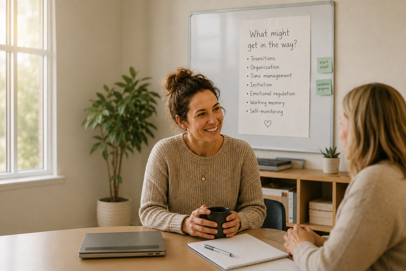 Two women having a conversation at a desk in an office or meeting room, with a whiteboard in the background listing challenges to progress and encouraging notes.