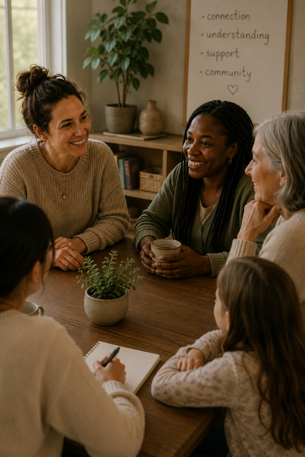 Group of women and children sitting around a wooden table having a discussion, with a whiteboard in the background displaying words: connection, understanding, support, community.
