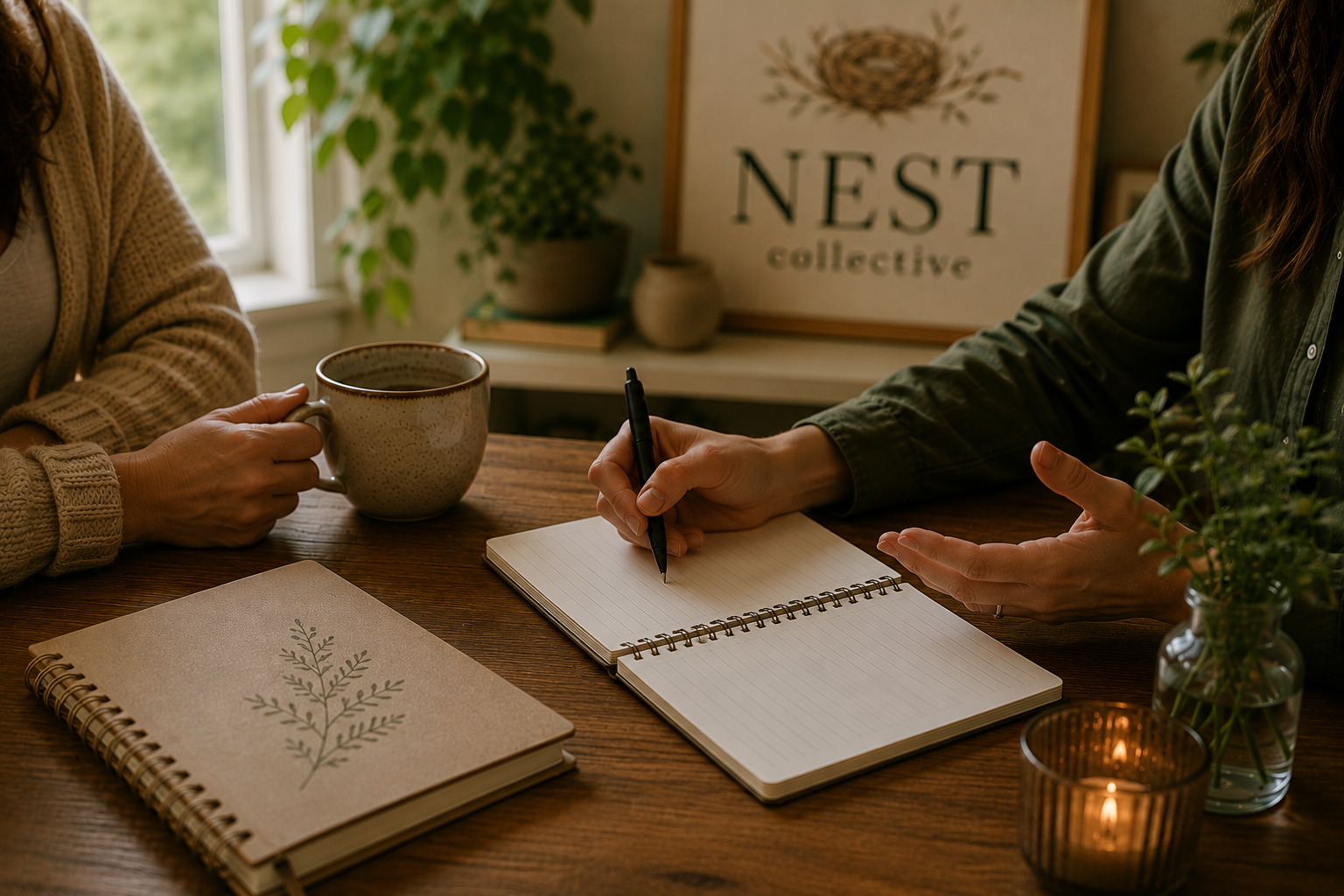 Two people sitting at a wooden table, one holding a mug and the other writing in a notebook, with a plant, candle, and a framed sign that reads 'NEST collective' in the background.
