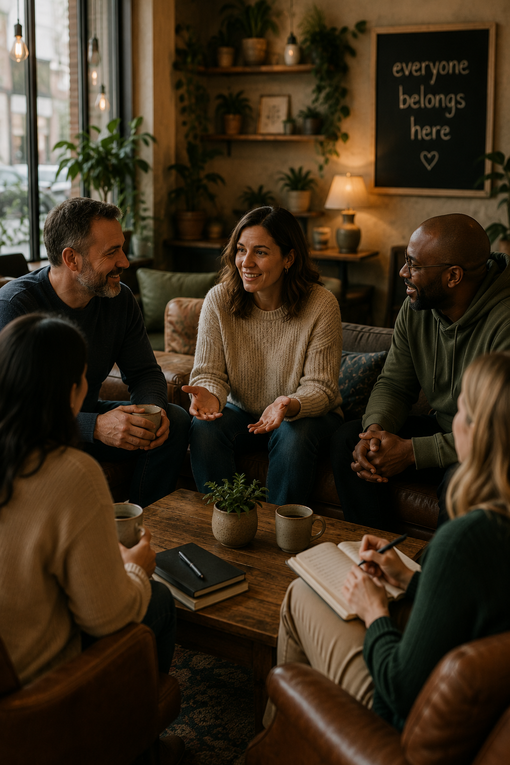 A group of six diverse adults sitting around a coffee table in a cozy, well-lit cafe, engaged in conversation, with notebooks, coffee mugs, and a small potted plant on the table.