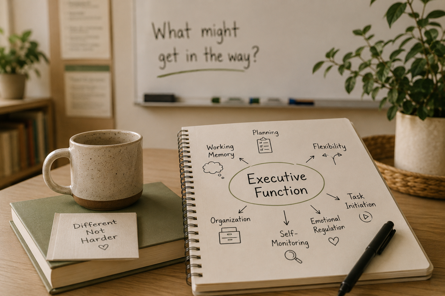 A workspace with a spiral notebook titled 'Executive Function' featuring diagrams and notes on related skills, a ceramic mug, a book with a card saying 'Different Not Harder' and a study room in the background with a whiteboard that reads 'What might get in the way?'.