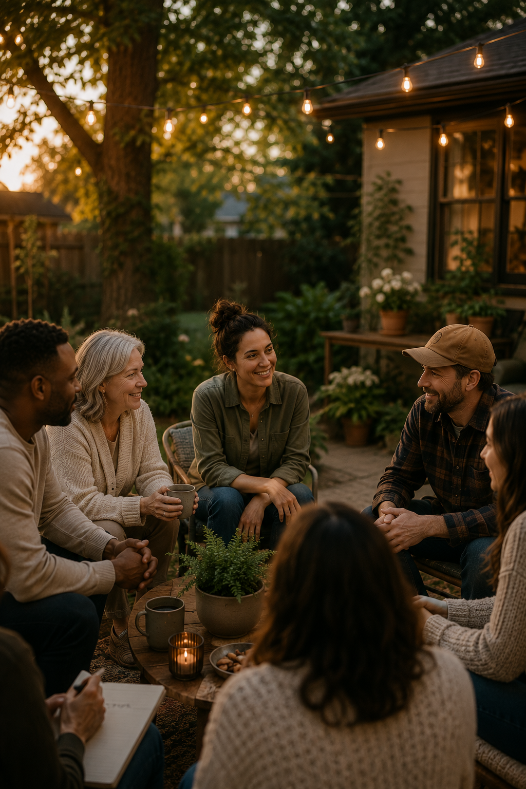 A group of friends sitting around a small table outside during sunset, engaging in conversation. There are string lights overhead and potted plants around them, creating a cozy backyard setting.