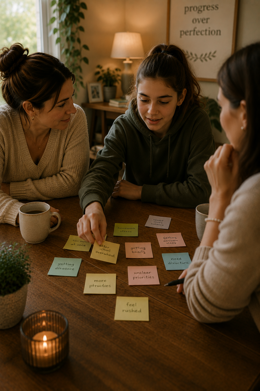 Three women sitting around a wooden table, engaged in a discussion with colorful sticky notes, a candle, and coffee mugs, with a framed quote on the wall that reads 'progress over perfection.'