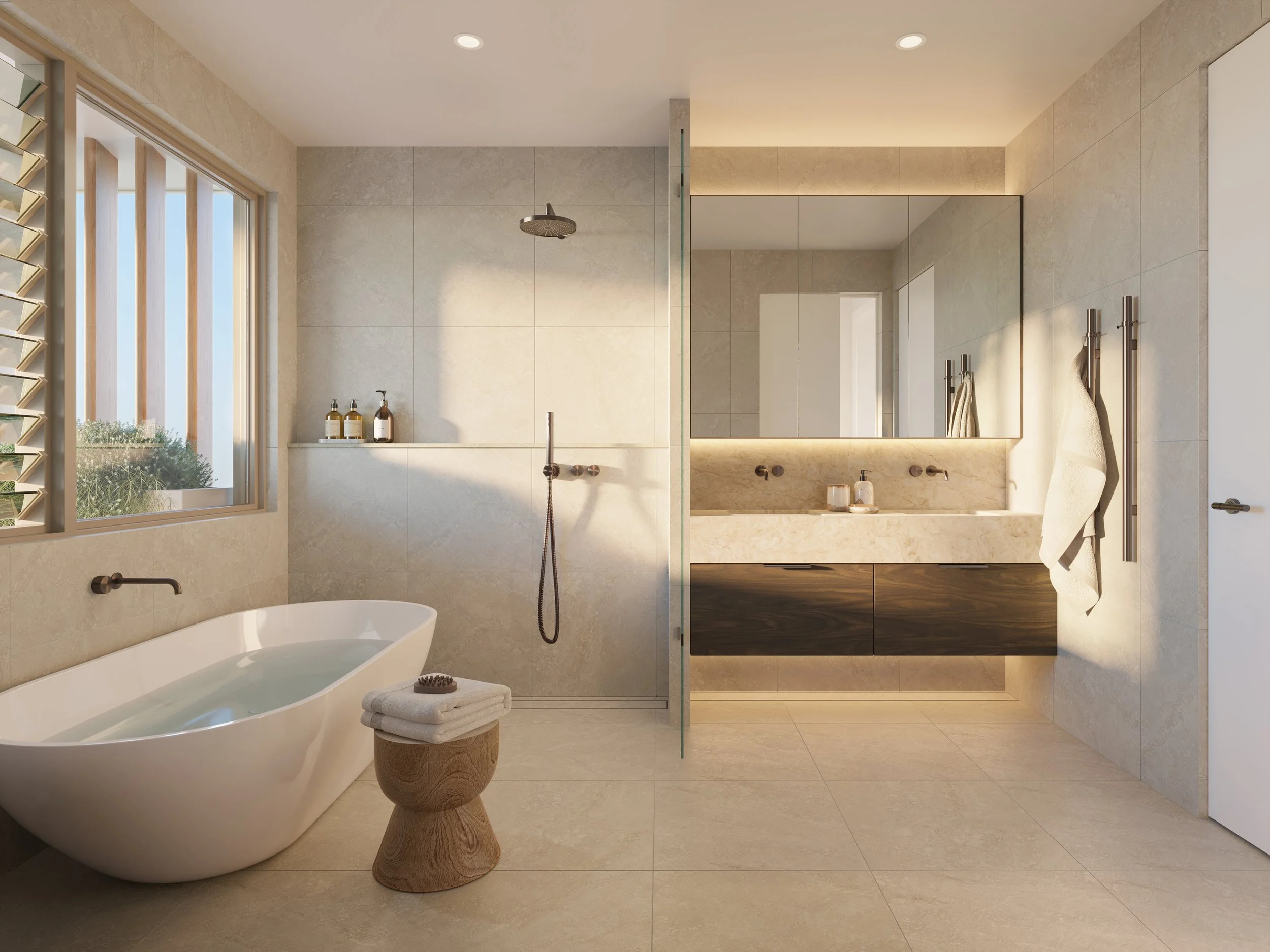 Modern bathroom with large window, bathtub, walk-in shower, and wall-mounted vanity with large mirror