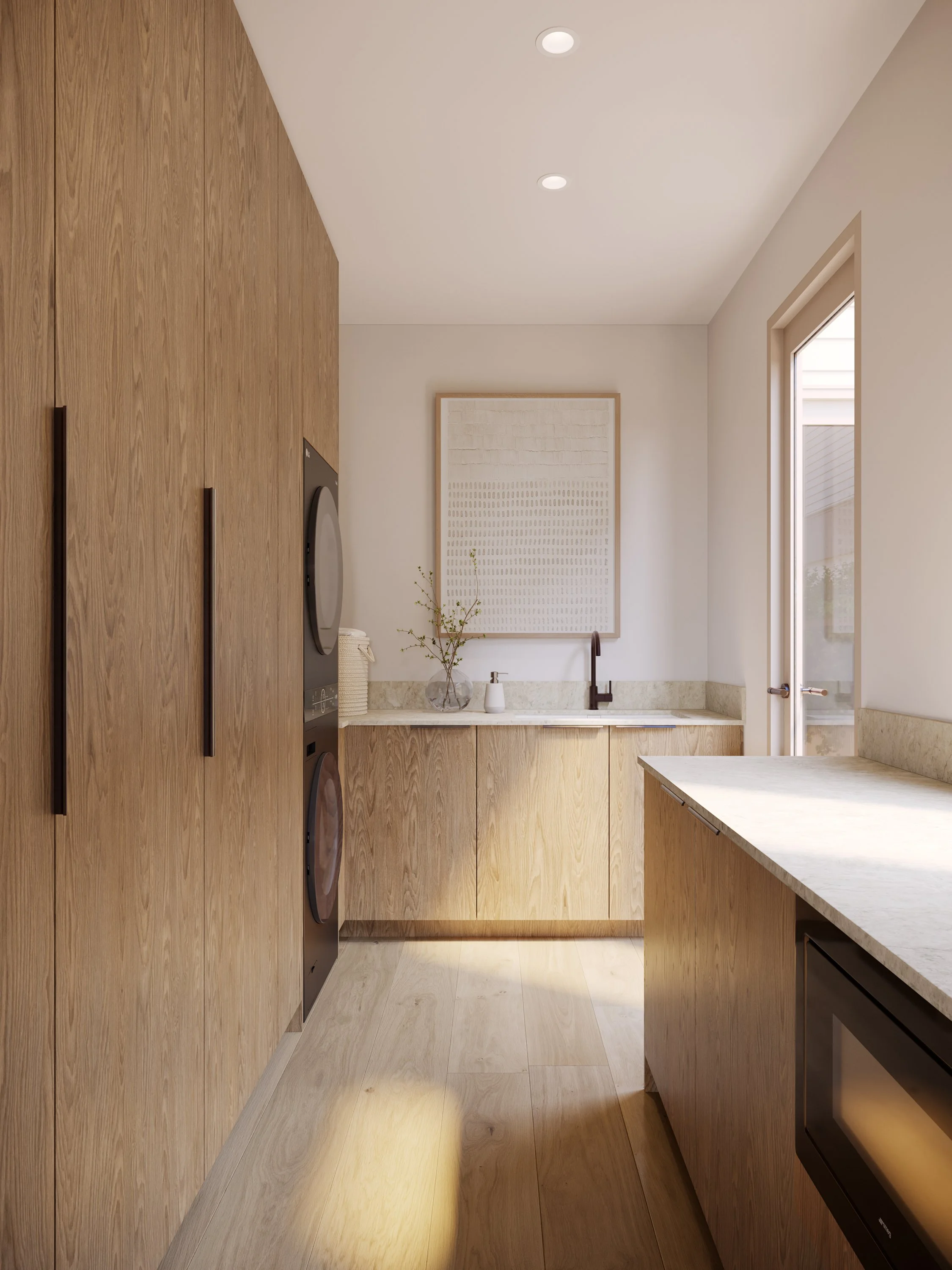 A modern kitchen with wooden cabinets, a beige countertop, a small window, and minimal decor.