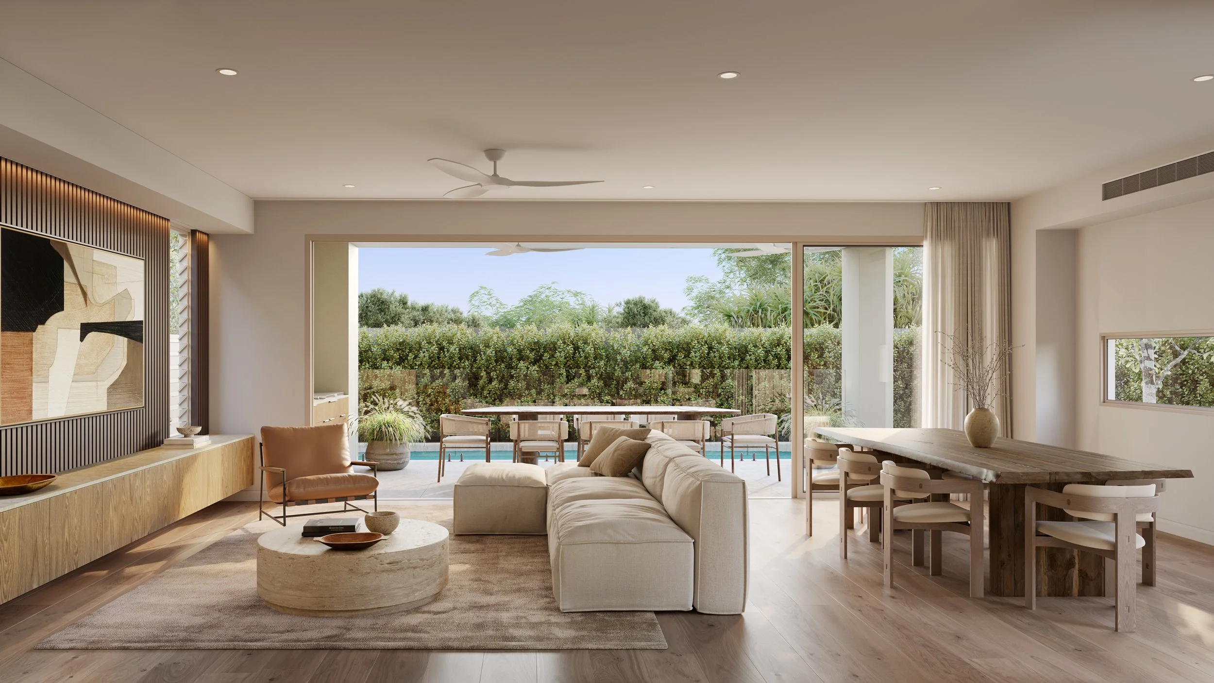 Modern living room with large glass sliding door opening to outdoor patio and garden, featuring neutral furniture, wooden dining table and contemporary decor. Soothing and open space design.