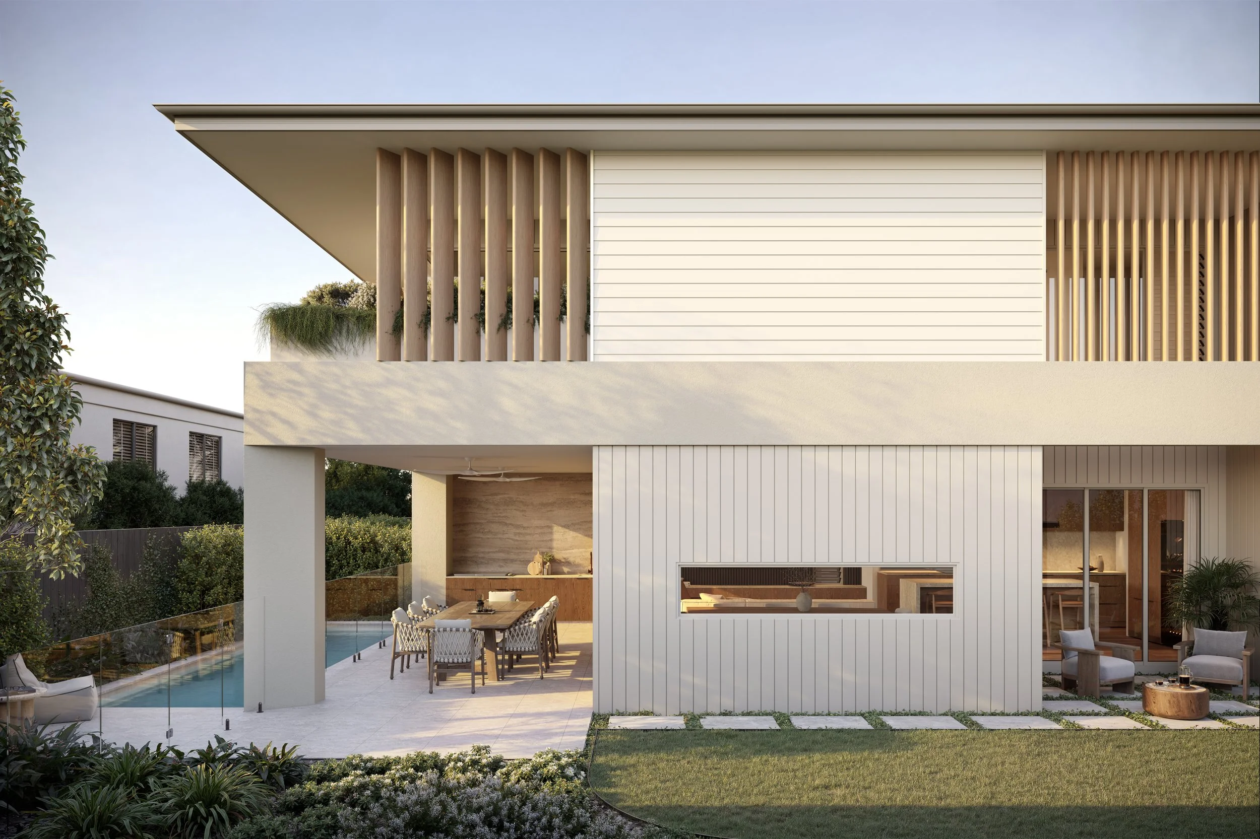 Modern two-story house with outdoor patio, swimming pool, and garden, featuring white and wood exterior design.