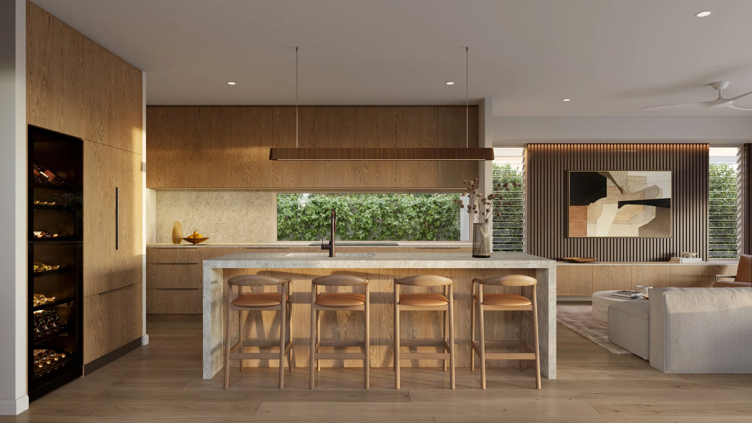 Modern kitchen with beige marble island, wooden bar stools, wooden cabinetry, and large windows with greenery outside.