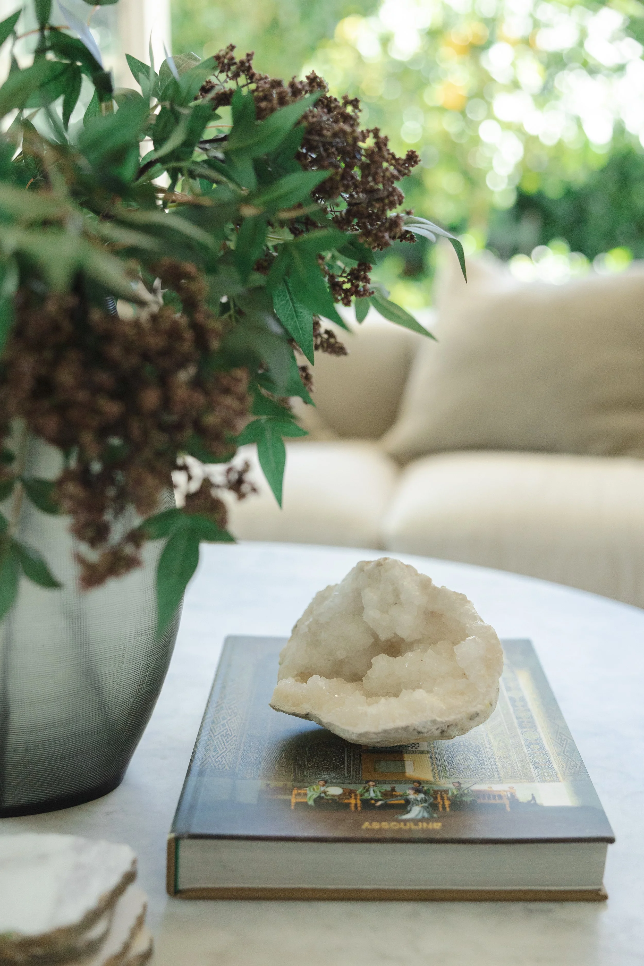 A large white mineral specimen placed on a book with a cover showing people playing musical instruments. To the left, a white vase with dark green leafy plant inside. The background is blurred with green foliage and sunlight.