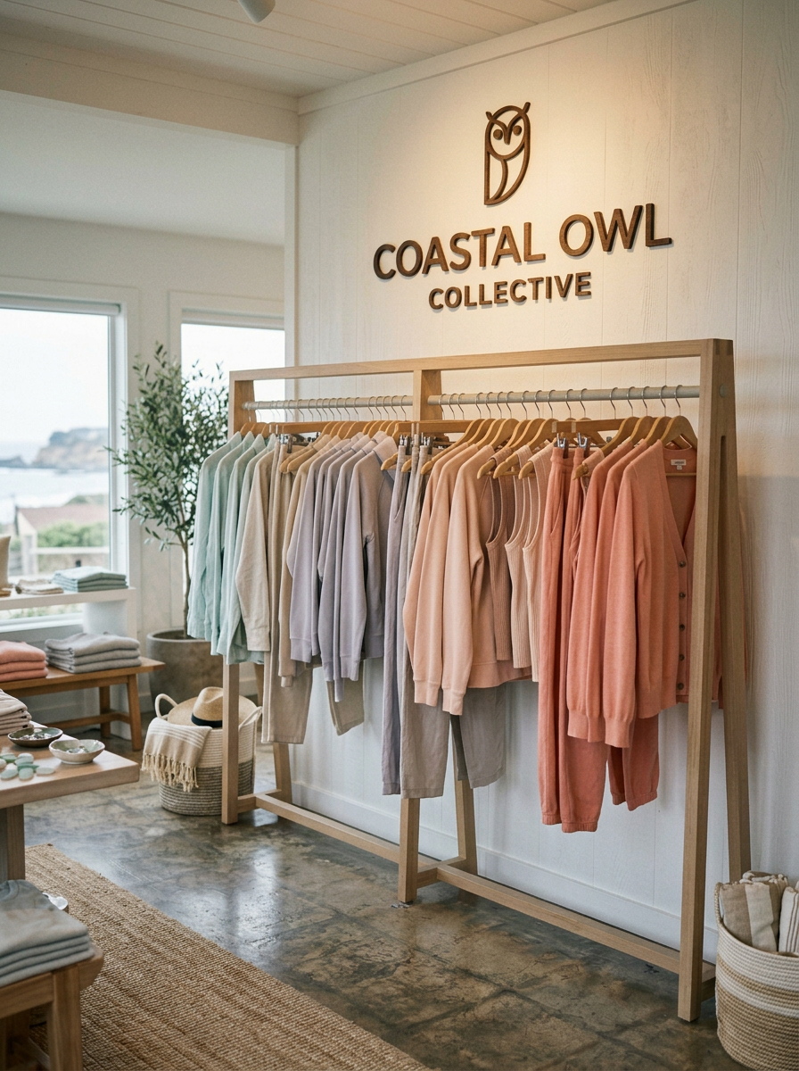 Clothing display in a boutique store with pastel-colored sweaters on a wooden rack, under a sign that reads 'COASTAL OWL COLLECTIVE,' with a window showing an outdoor view of greenery and water.