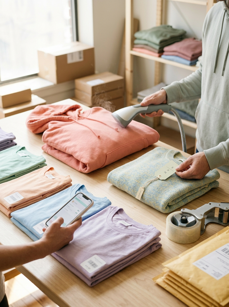 Person using a handheld steamer on folded pastel-colored hoodies, with a person checking inventory on a smartphone nearby, in a workspace with stacks of folded clothes and boxes.
