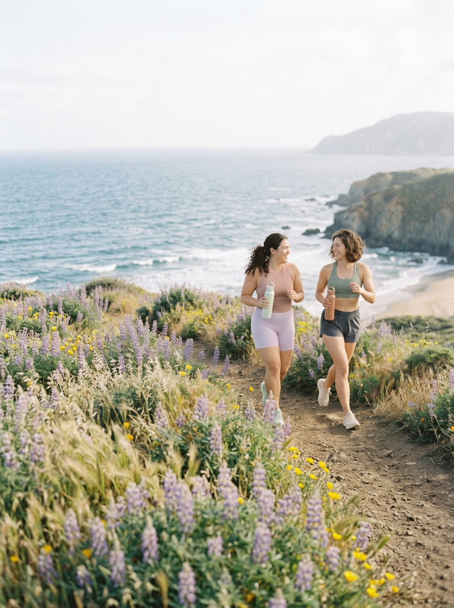 Two women jogging along a coastal trail surrounded by purple and yellow wildflowers, with the ocean and cliffs in the background.