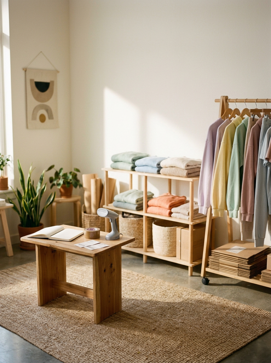 Interior of a cozy, organized room with pastel-colored clothing on a wooden rack, folded towels on shelves, a small wooden table with a handheld scanner, potted plants, a woven basket, and framed wall art.