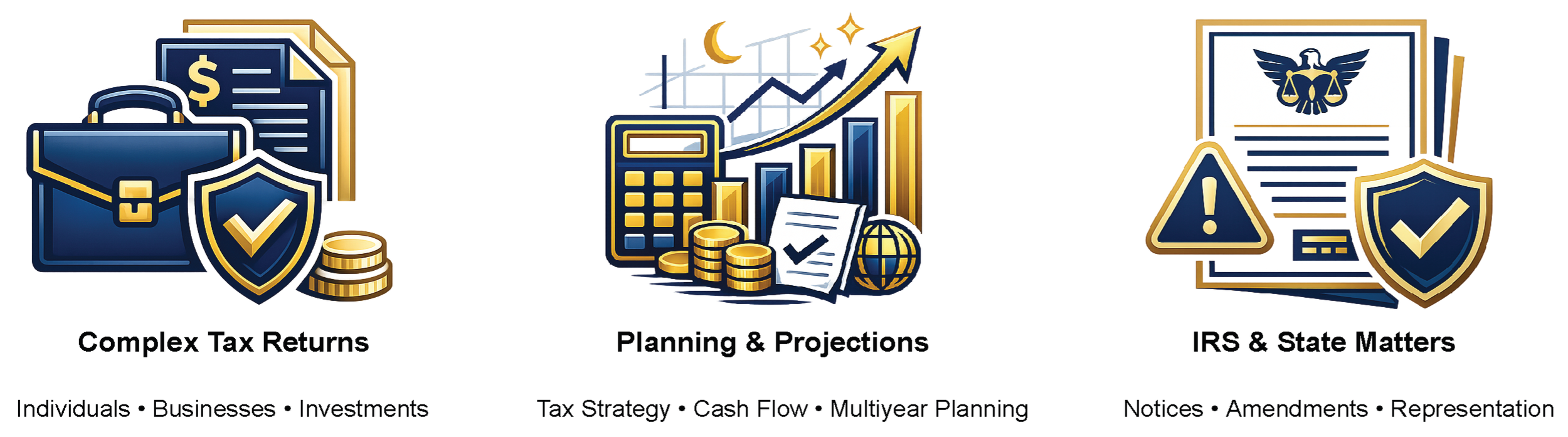 Graphic illustrating three topics: complex tax returns with briefcase, shield, coins, and documents; planning and projections with calculator, coins, graph, and globe; IRS and state matters with documents, warning icon, and shield. Text below specifies focus on individuals, businesses, investments, tax strategy, cash flow, multiyear planning, notices, amendments, and representation.