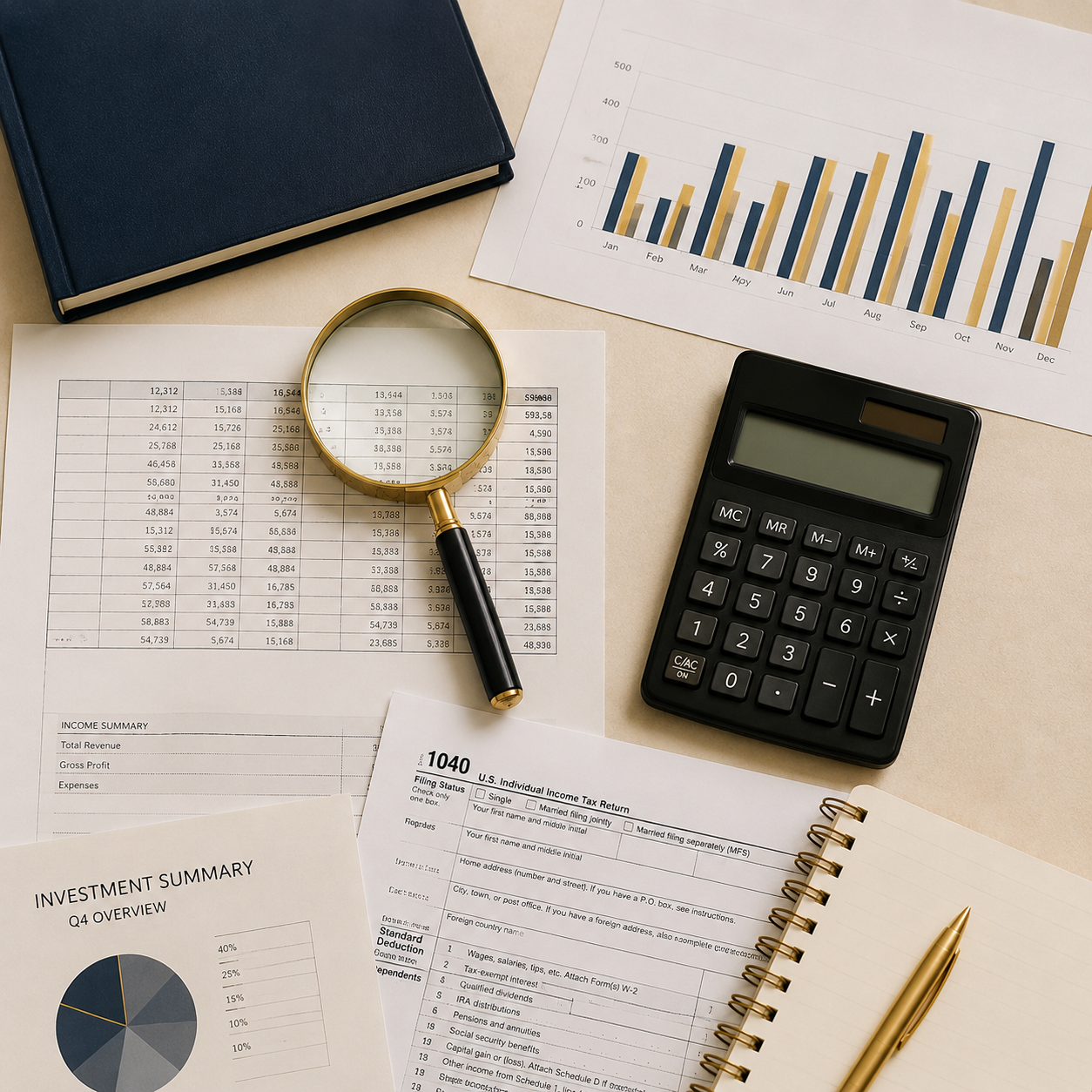 Work desk with financial documents, a calculator, a magnifying glass, a blue notebook, a printed bar chart, a printed income report, an investment summary, a spiral notepad, and a gold pen.