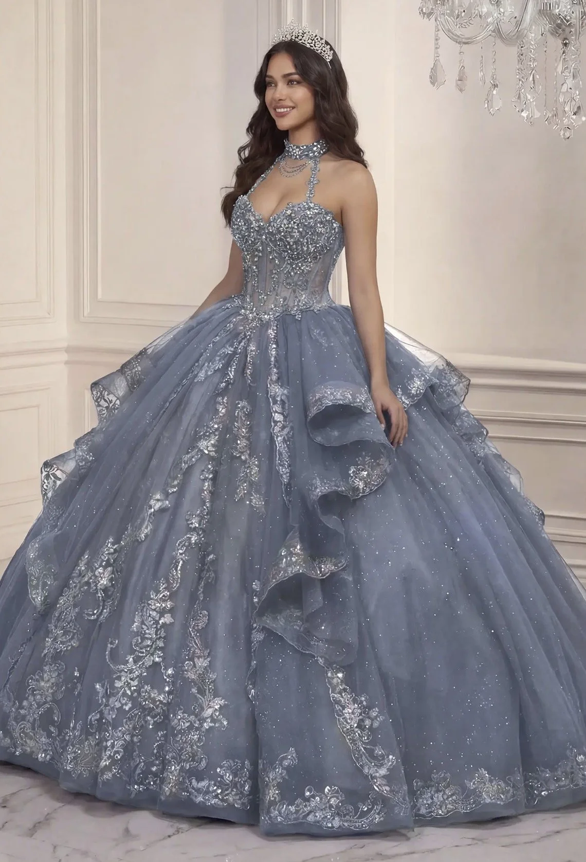 Tiered Ball Gown with Halter Neckline
Style: GV15741
Dusty Blue
Size: XS-3XL