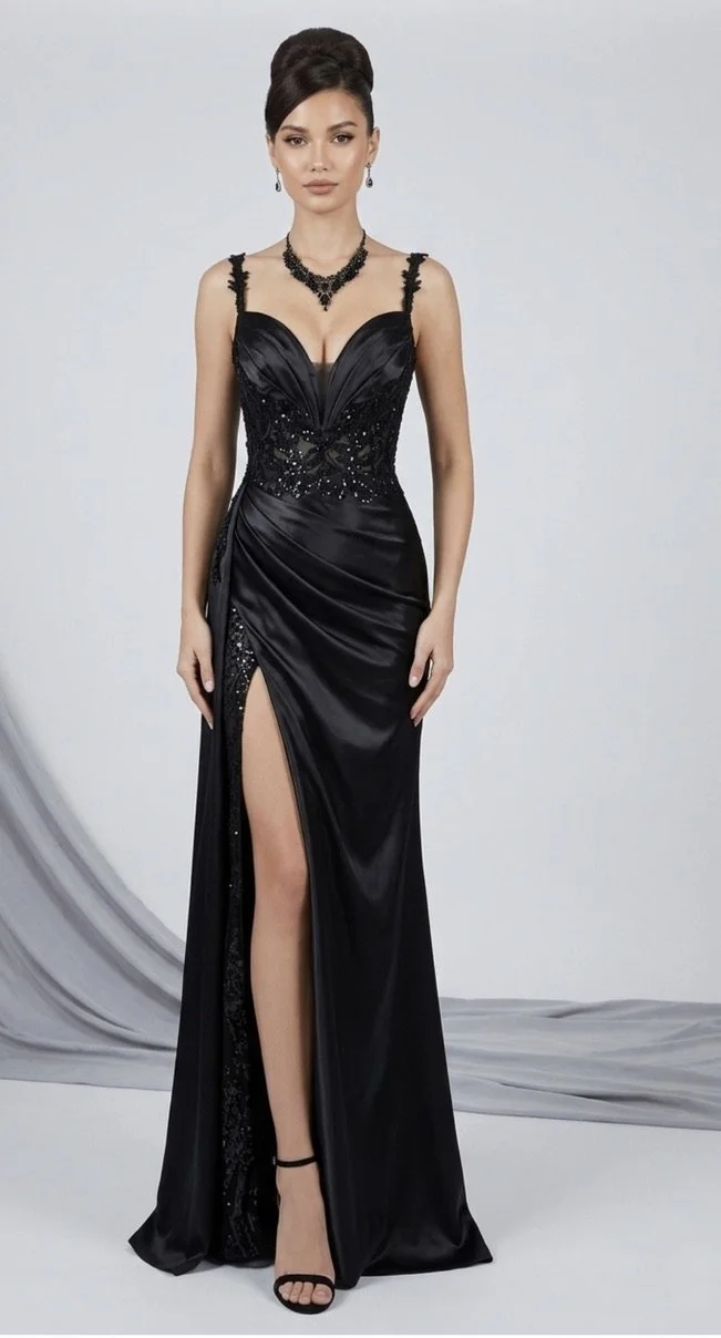 Satin Corset Mermaid Gown wit Beaded bodice and Slit