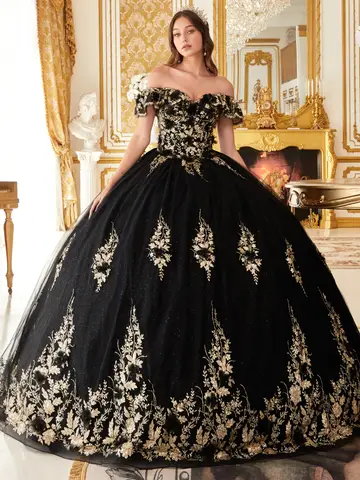 Floral Off the Shoulder Quince Dress
Style: GV15701
Size: XS - 3XL
Black - Gold
