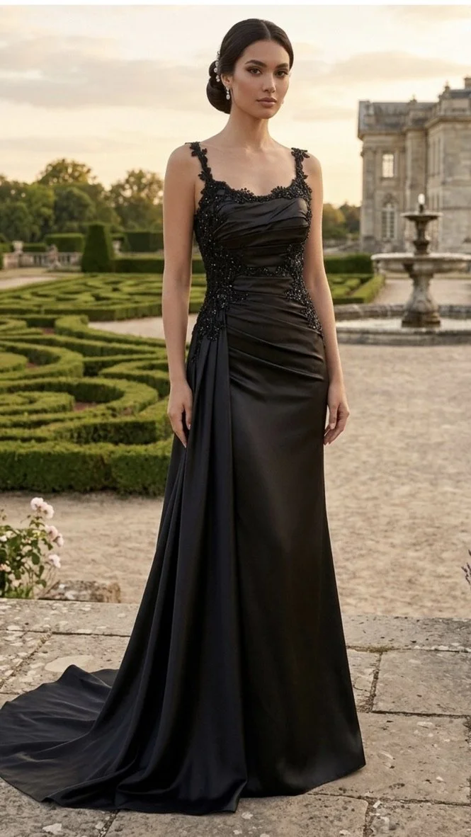Satin Sleeveless Evening Gown with Lace Applique and side Slit