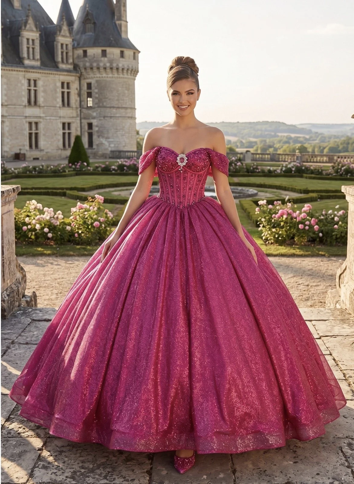 Enchanted off-the-shoulder gown
Style: GVC3125
Fuchsia 
Size: XS - 3XL