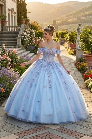 Blue and Lilac Quinceanera Dress with Flowers
Style: GVC3114
Size: XS - 2XL
Blue