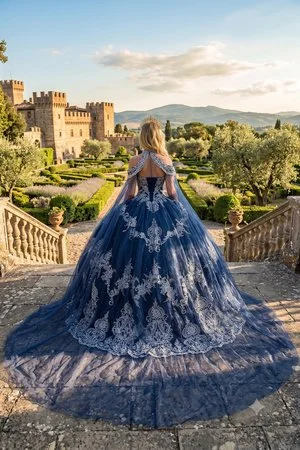 Elegant Navy/Silver Dress with Cape
Style: GVC3091
Size: S - 2XL