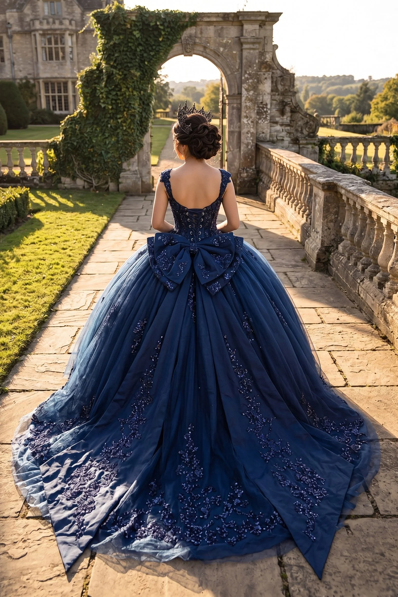 Quince dress w/  Large Removable Bow
Style: GVC3130
Size: XS - 3XL
Navy Blue