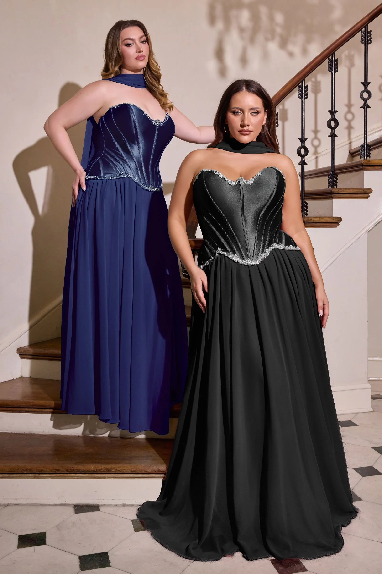Plus Size Dress Strapless A-Line Satin & Chiffon